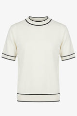Herrvit stickad t-shirt med rund hals och kontrastfärgad kant, normal passform