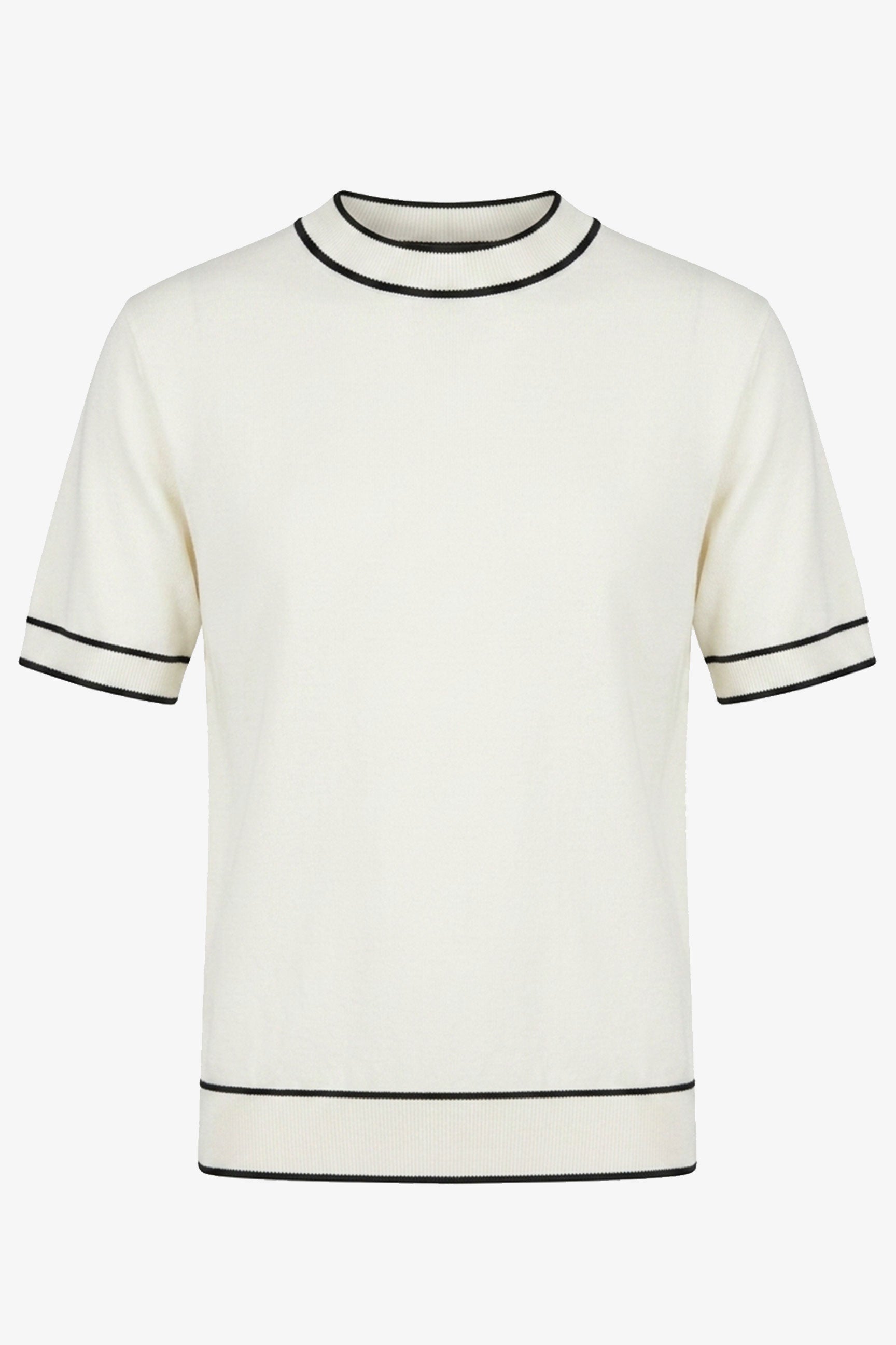 Herrvit stickad t-shirt med rund hals och kontrastfärgad kant, normal passform