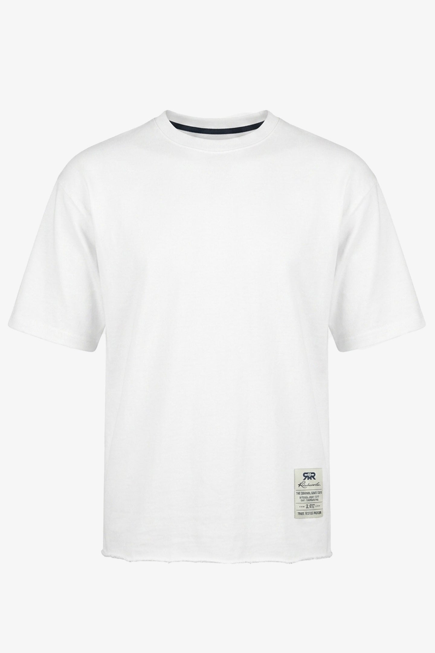 Vit herr-T-shirt med rund hals och avslappnad passform, rå kant