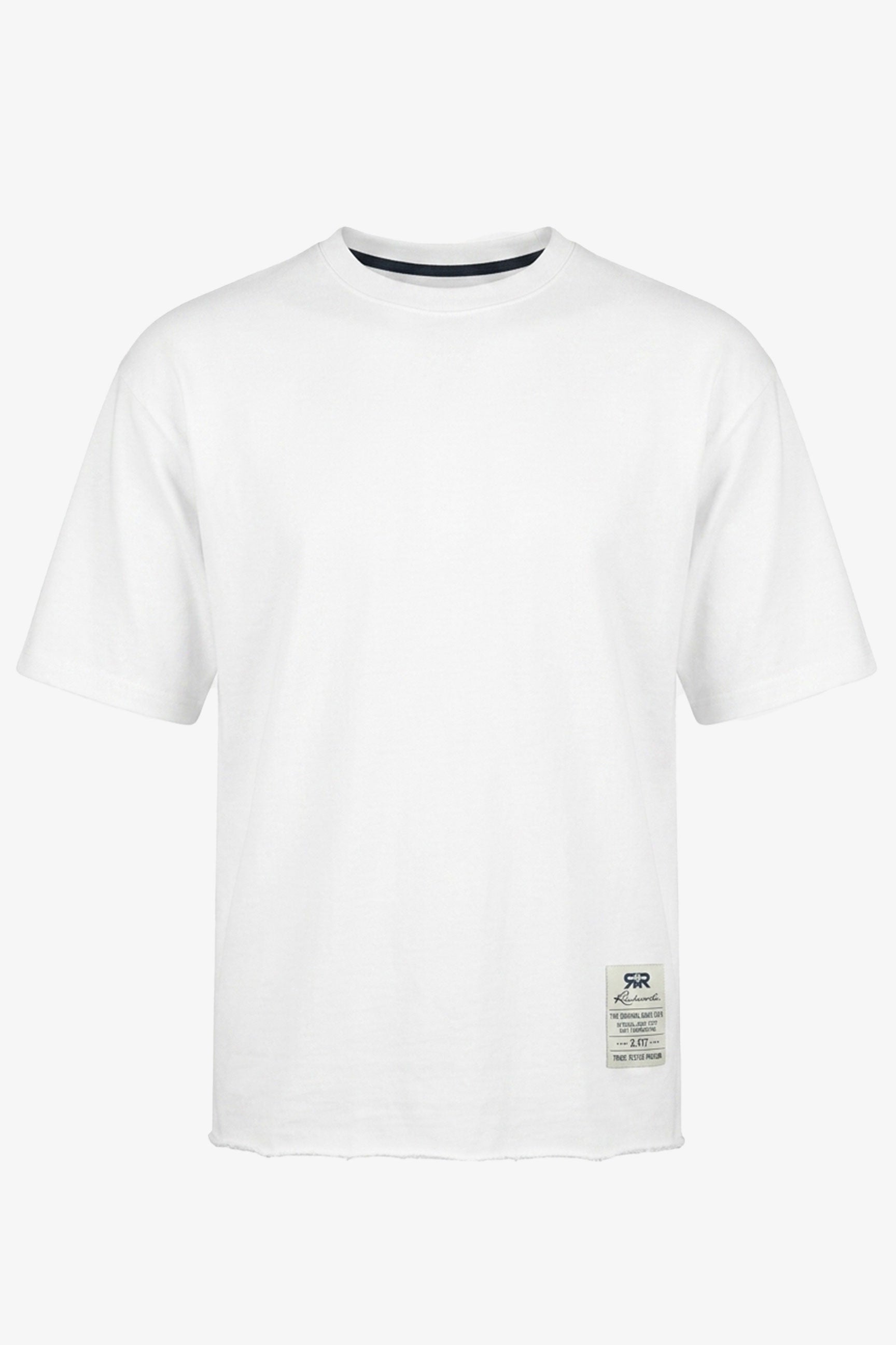 Vit herr-T-shirt med rund hals och avslappnad passform, rå kant