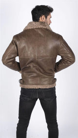 Herr Äkta Fårskinn Läder B3 Flying Aviator Vintage Brun Teddy Fårpäls