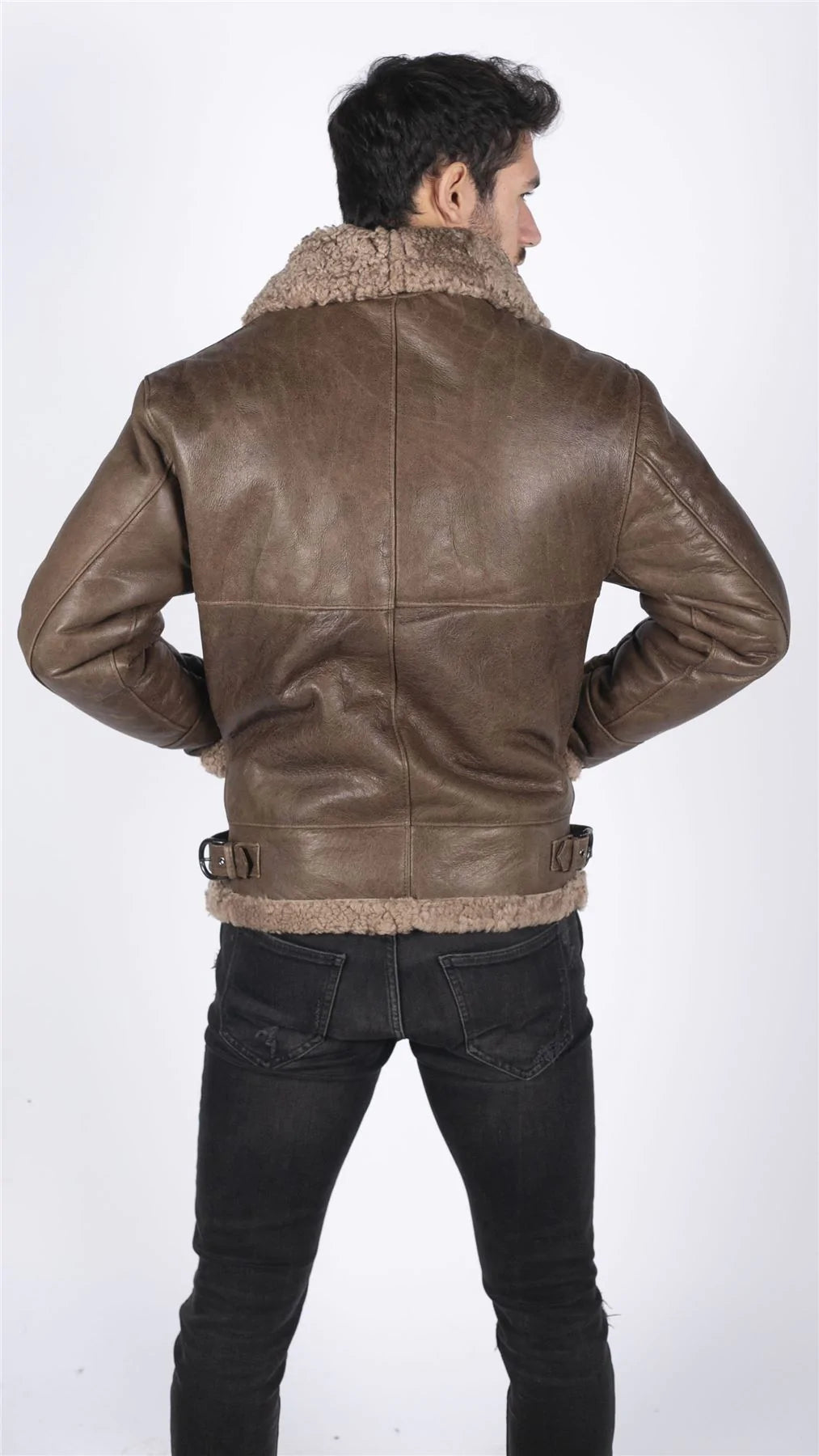 Herr Äkta Fårskinn Läder B3 Flying Aviator Vintage Brun Teddy Fårpäls