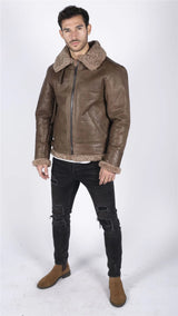 Herr Äkta Fårskinn Läder B3 Flying Aviator Vintage Brun Teddy Fårpäls