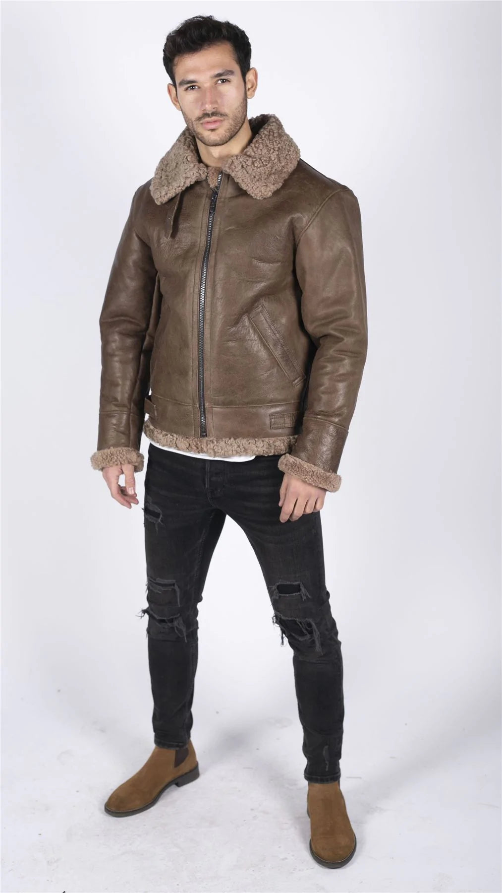 Herr Äkta Fårskinn Läder B3 Flying Aviator Vintage Brun Teddy Fårpäls