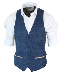 Herr Fiskbensmönstrad Tweed Vintagerutig Väst Sammetskant Blå Brun Grå