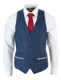 Herr Fiskbensmönstrad Tweed Vintagerutig Väst Sammetskant Blå Brun Grå