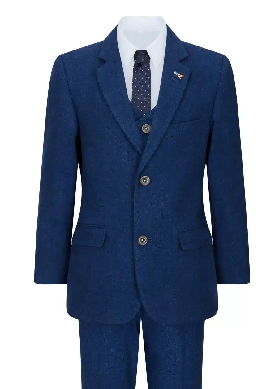 Pojkar 3-delad kostym i ull blå tweed vintage 1920-tals klassisk väst med fyra fickor