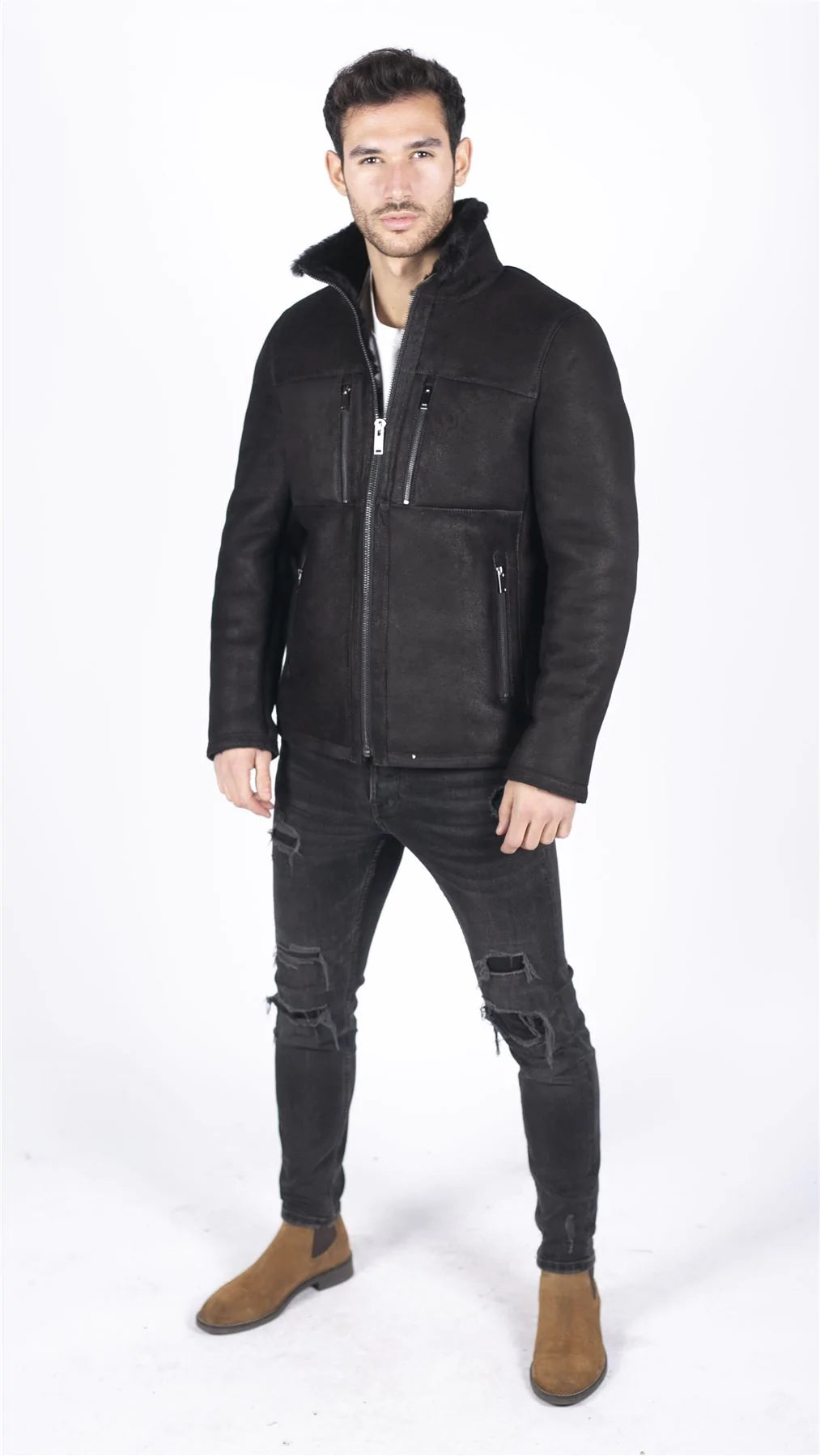 Herrjacka med äkta fårskinn, kort dragkedja, casual, retro, vintage, svart, dragkedja