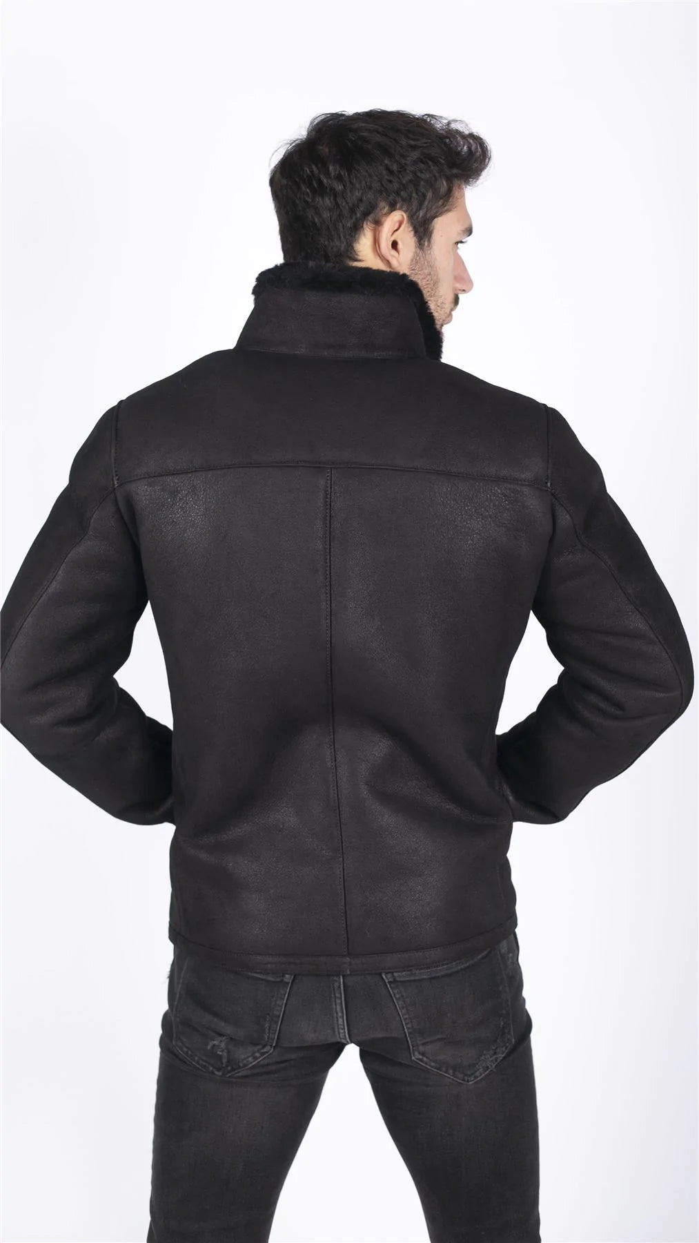 Herrjacka med äkta fårskinn, kort dragkedja, casual, retro, vintage, svart, dragkedja