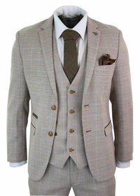 Paul Andrew Holland - Herrrutig Tweed Beige Brun 3-delad Kostym Bröllopsbal Vintage Retro Klassisk