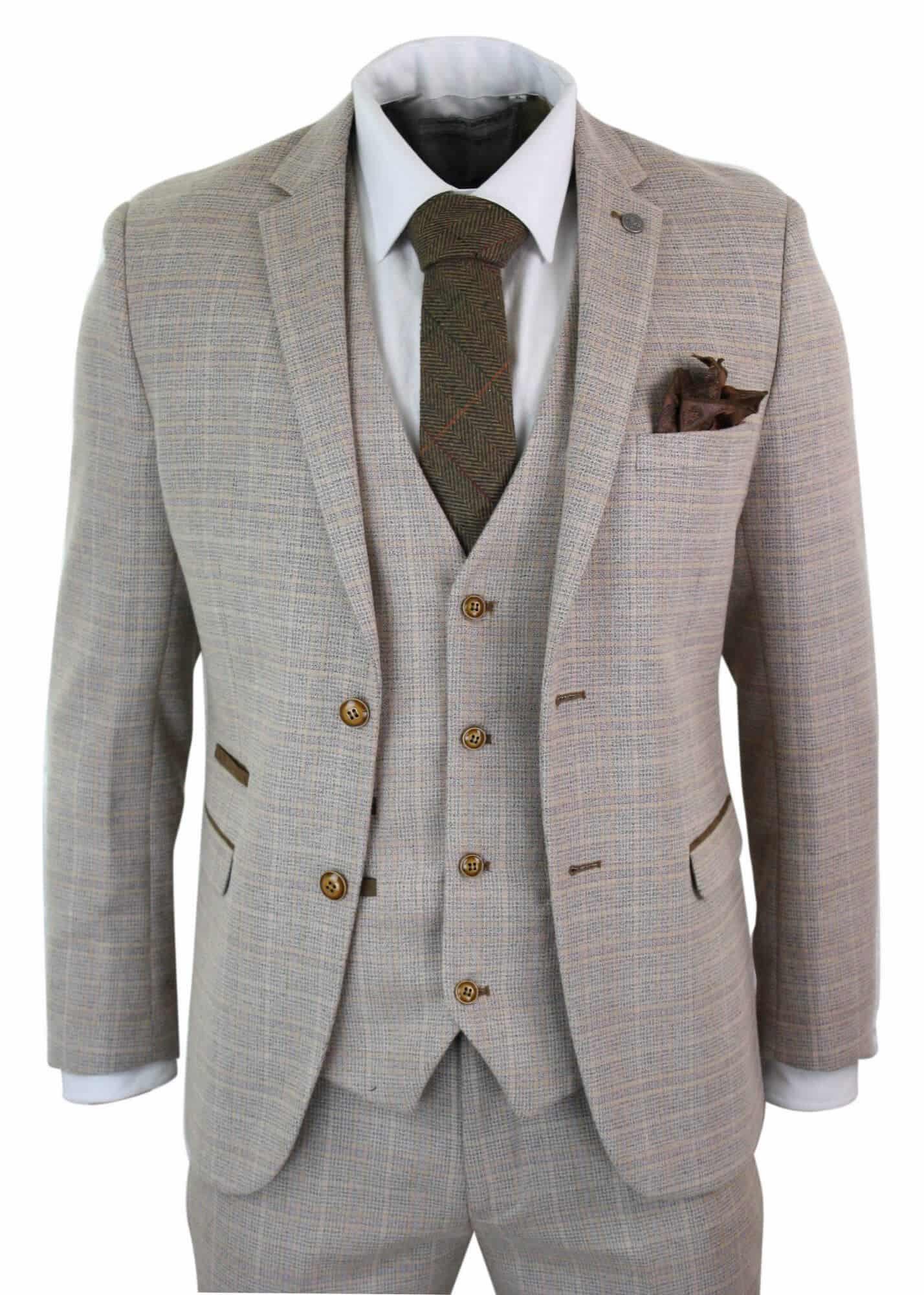 Paul Andrew Holland - Herrrutig Tweed Beige Brun 3-delad Kostym Bröllopsbal Vintage Retro Klassisk