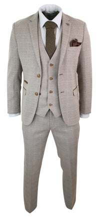 Paul Andrew Holland - Herrrutig Tweed Beige Brun 3-delad Kostym Bröllopsbal Vintage Retro Klassisk