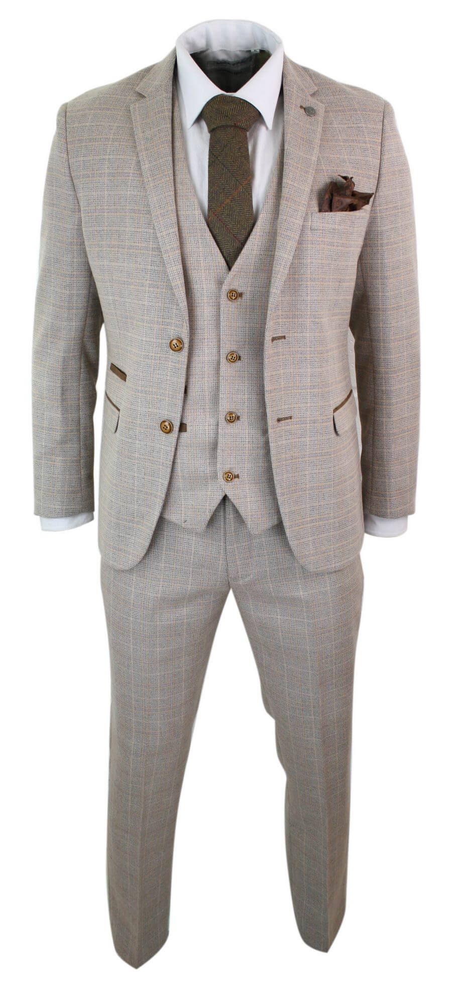 Paul Andrew Holland - Herrrutig Tweed Beige Brun 3-delad Kostym Bröllopsbal Vintage Retro Klassisk