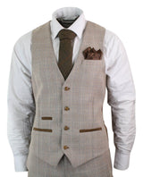 Paul Andrew Holland - Herrrutig Tweed Beige Brun 3-delad Kostym Bröllopsbal Vintage Retro Klassisk
