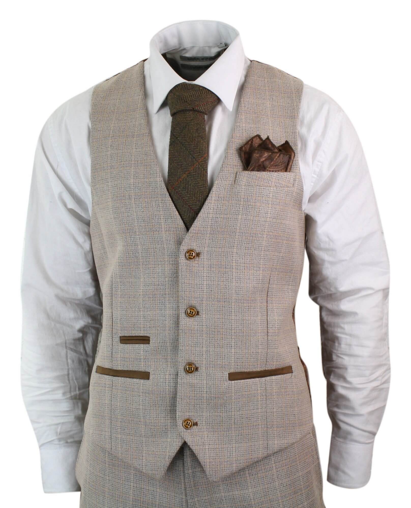 Paul Andrew Holland - Herrrutig Tweed Beige Brun 3-delad Kostym Bröllopsbal Vintage Retro Klassisk