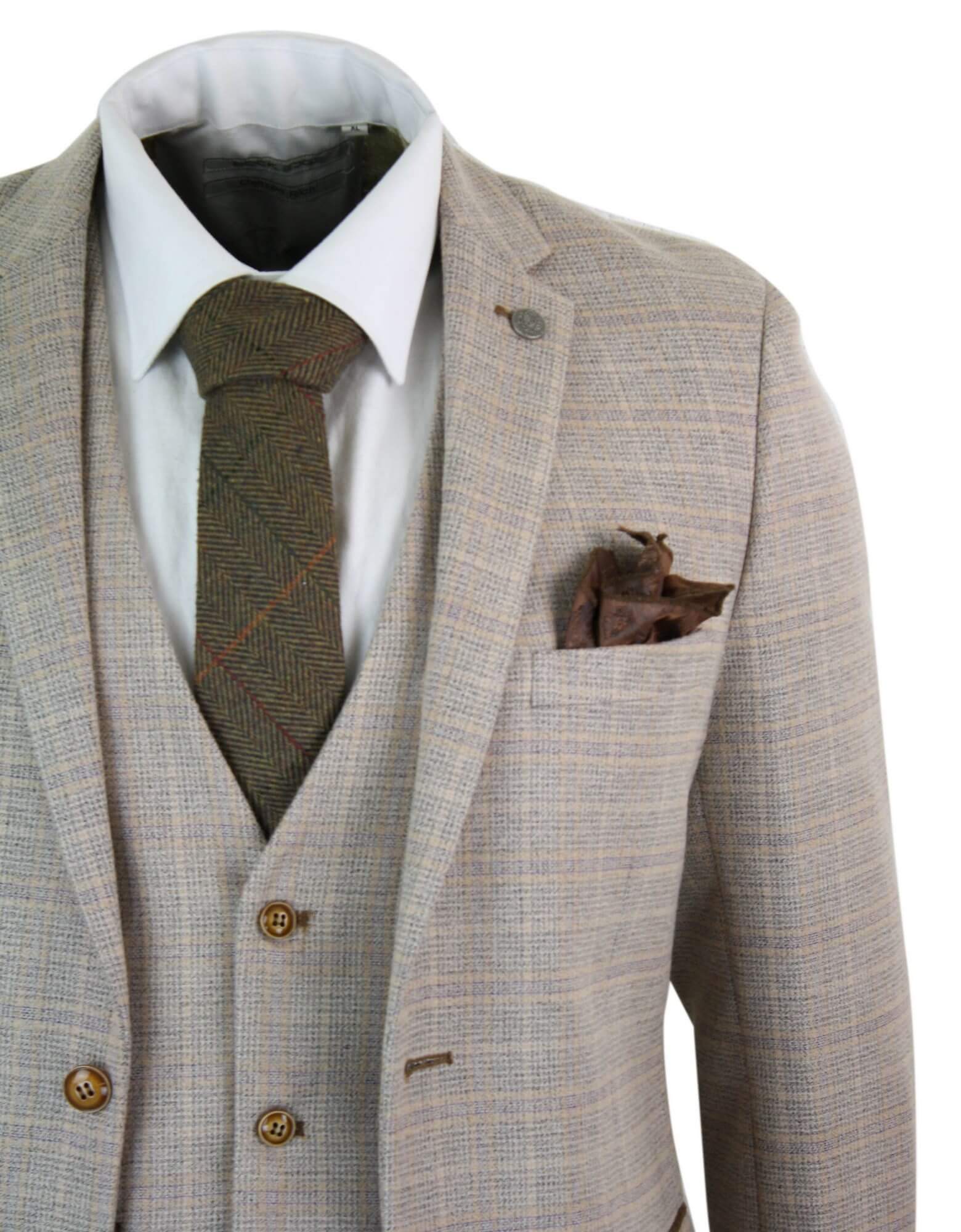 Paul Andrew Holland - Herrrutig Tweed Beige Brun 3-delad Kostym Bröllopsbal Vintage Retro Klassisk