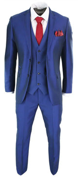 Herr 3-delad glänsande blå bröllopskostym för balen, skräddarsydd passform, elegant formell kostym