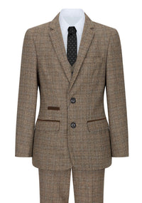 Pojkar 3-delad brun kostym i tweed, rutig vintage-stil, skräddarsydd passform, 1920-tal