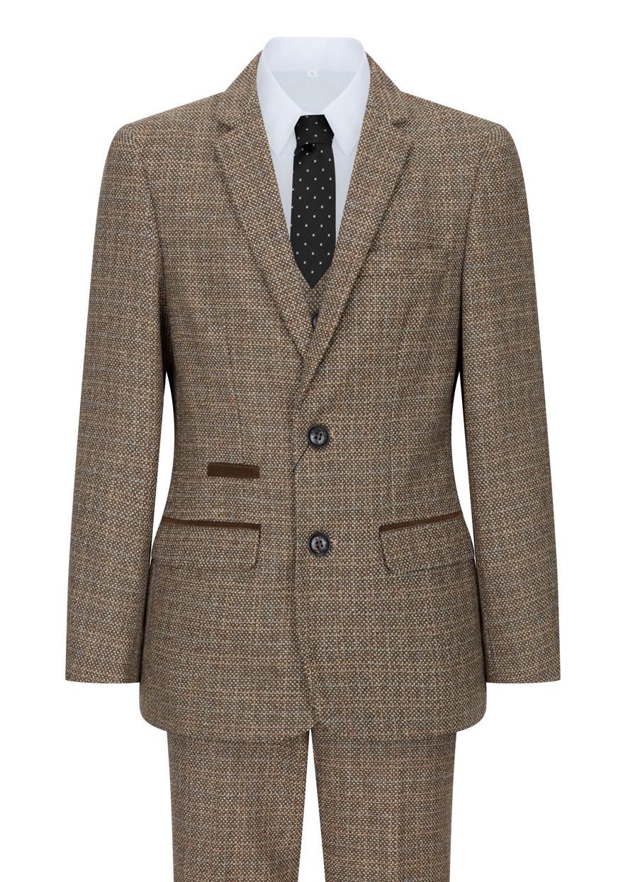 Pojkar 3-delad brun kostym i tweed, rutig vintage-stil, skräddarsydd passform, 1920-tal