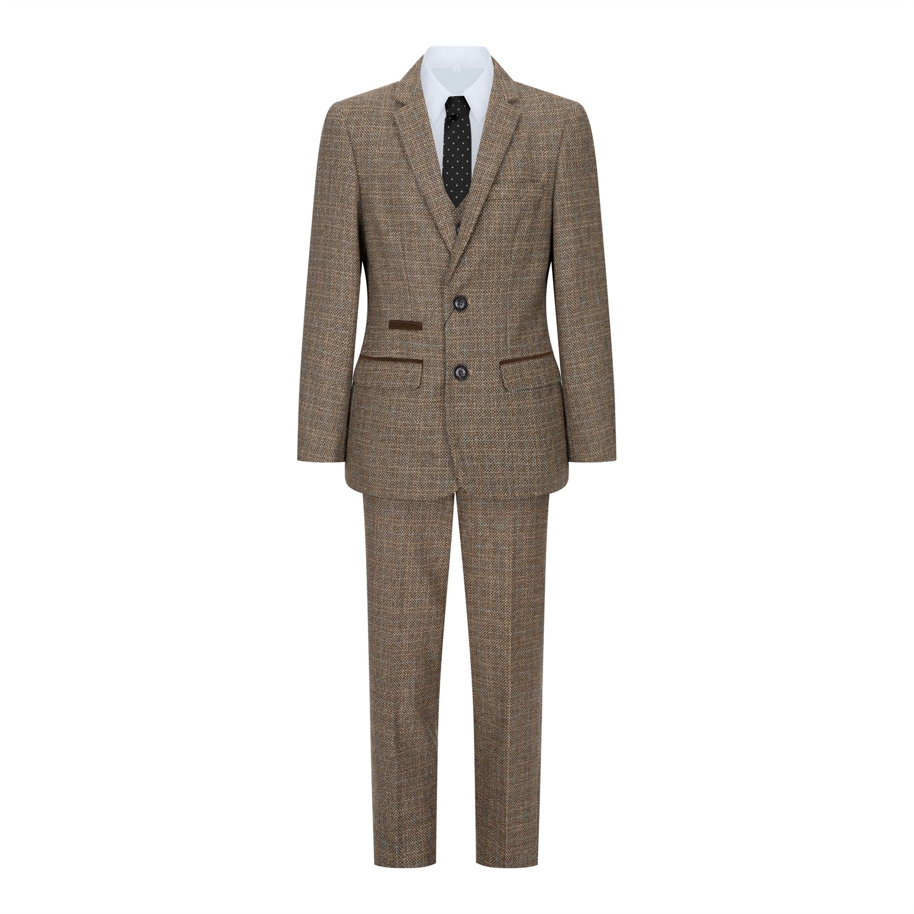 Pojkar 3-delad brun kostym i tweed, rutig vintage-stil, skräddarsydd passform, 1920-tal