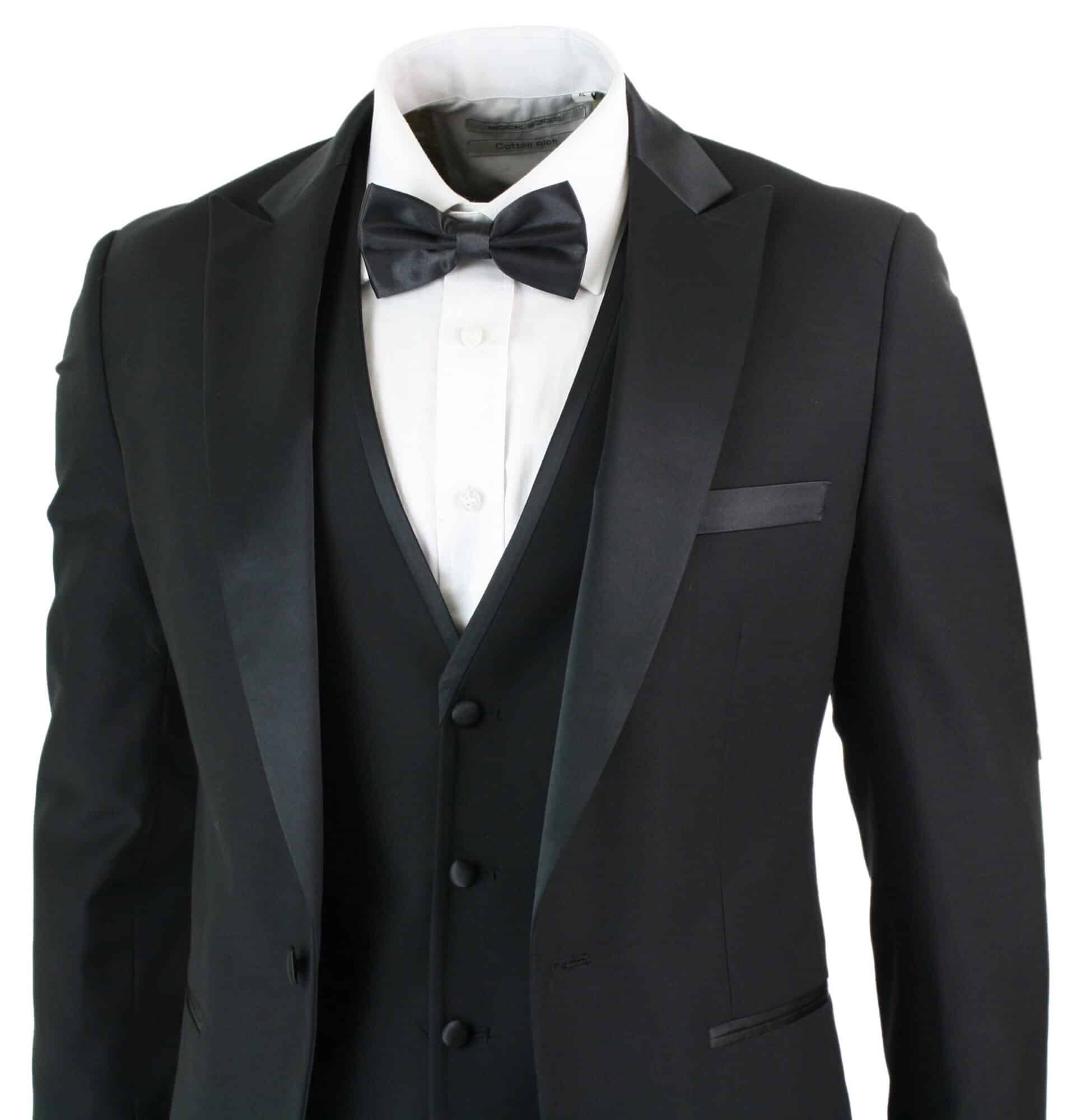 Paul Andrew Regent Black - Herr 3-delad svart klassisk satin smoking kostym Skräddarsydd passform Bröllopsbal
