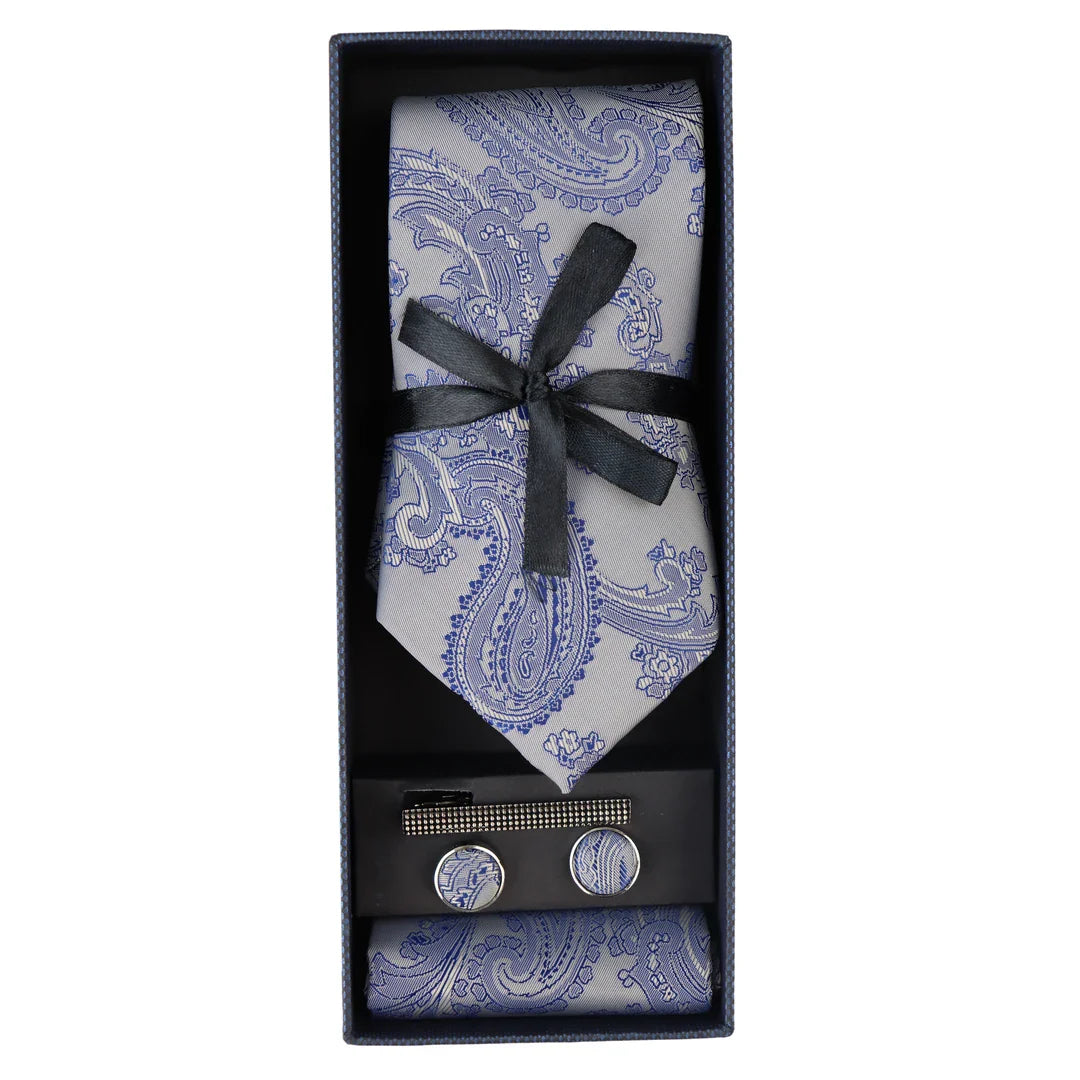Paisleyhalsad Blå Slips Presentset Näsduk Manschettknappar Blommig Satin