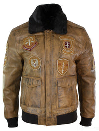Herr Aviator Flygande Pilot Bomberjacka Vintage Brun Avtagbar Svart Pälskrage-Brun