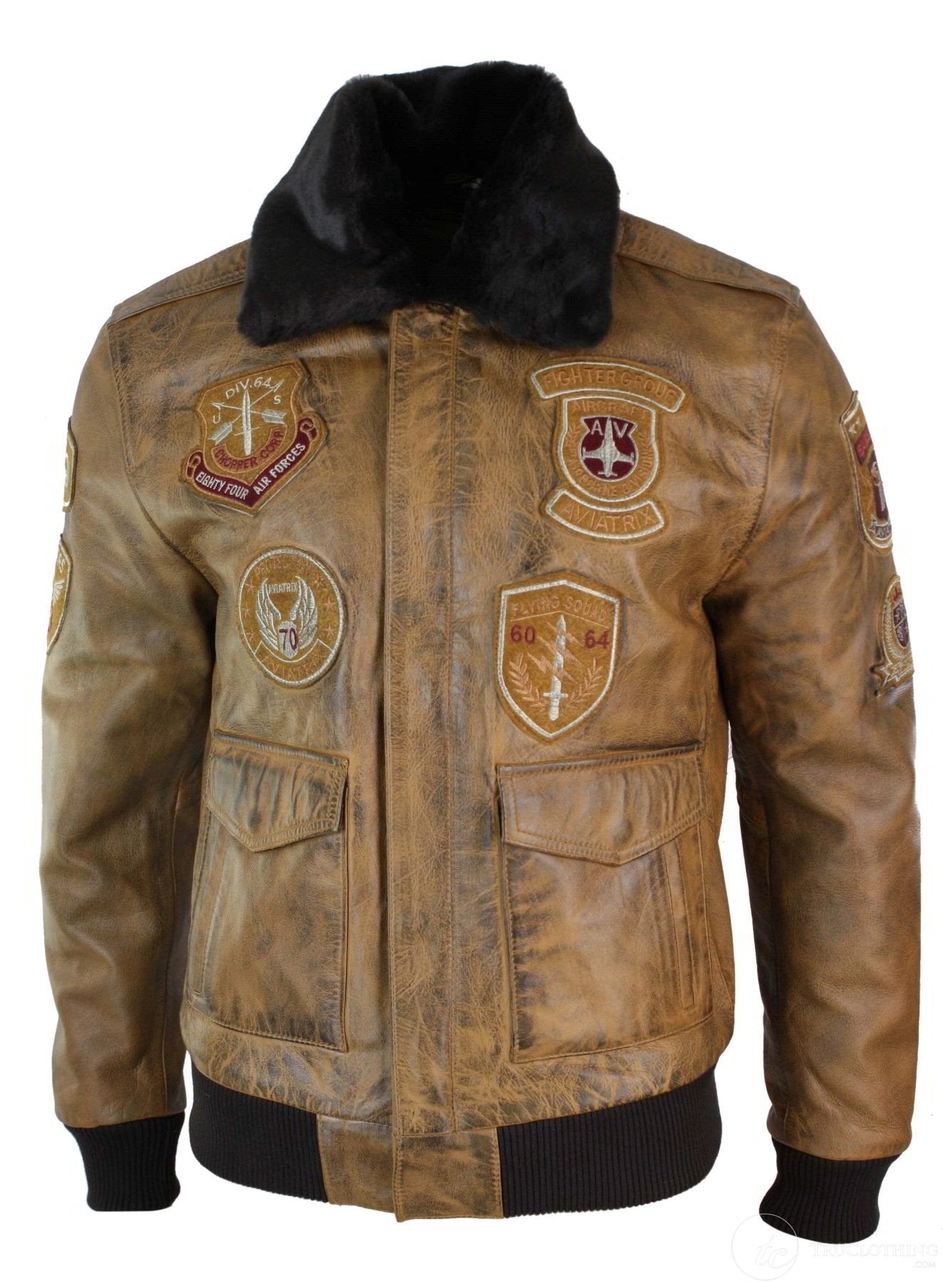 Herr Aviator Flygande Pilot Bomberjacka Vintage Brun Avtagbar Svart Pälskrage-Brun