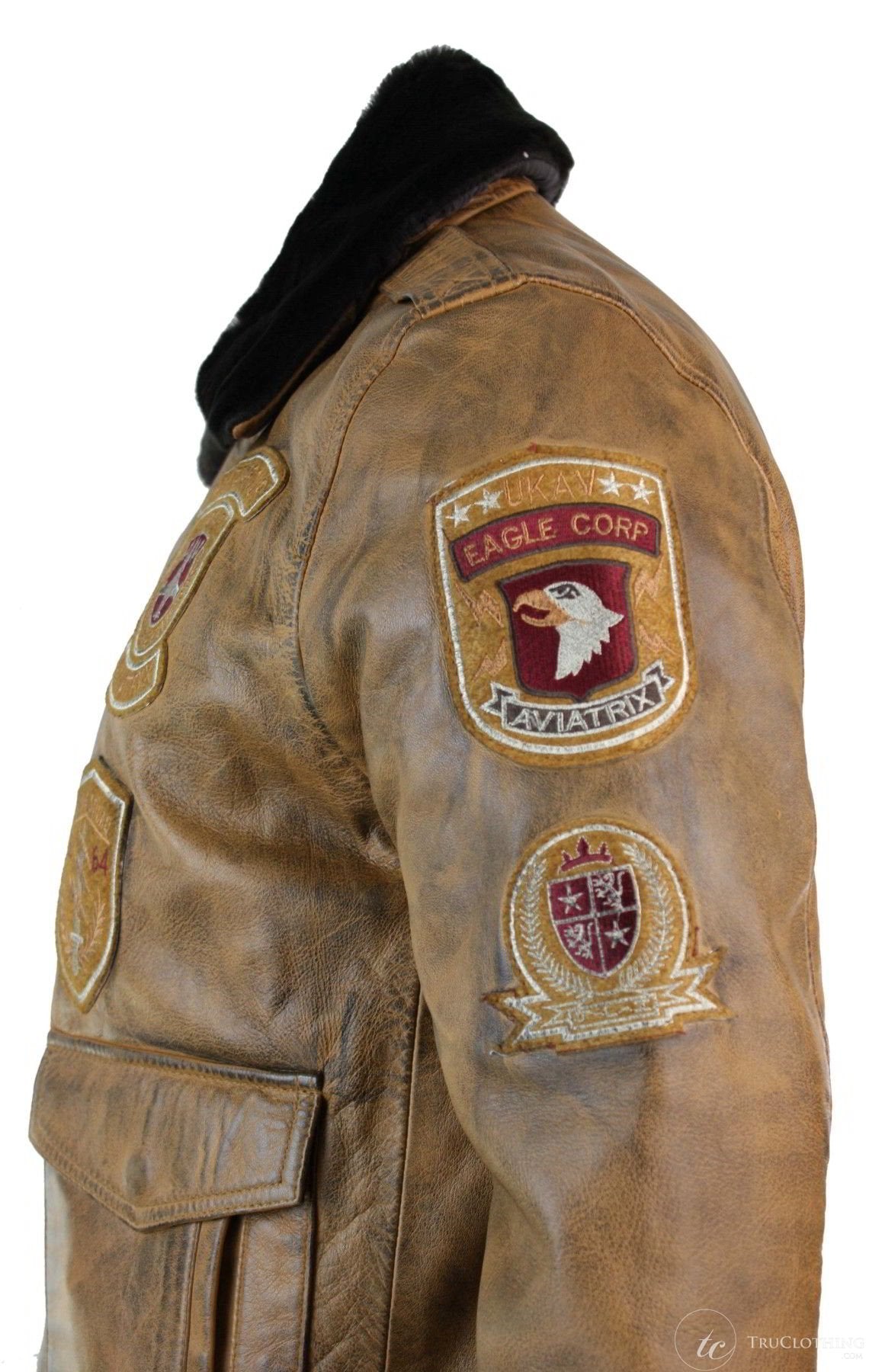 Herr Aviator Flygande Pilot Bomberjacka Vintage Brun Avtagbar Svart Pälskrage-Brun
