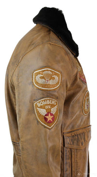 Herr Aviator Flygande Pilot Bomberjacka Vintage Brun Avtagbar Svart Pälskrage-Brun