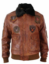 Herr Aviator Flygande Pilot Bomberjacka Vintage Brun Avtagbar Svart Pälskrage - Nevada Timber