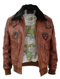 Herr Aviator Flygande Pilot Bomberjacka Vintage Brun Avtagbar Svart Pälskrage - Nevada Timber