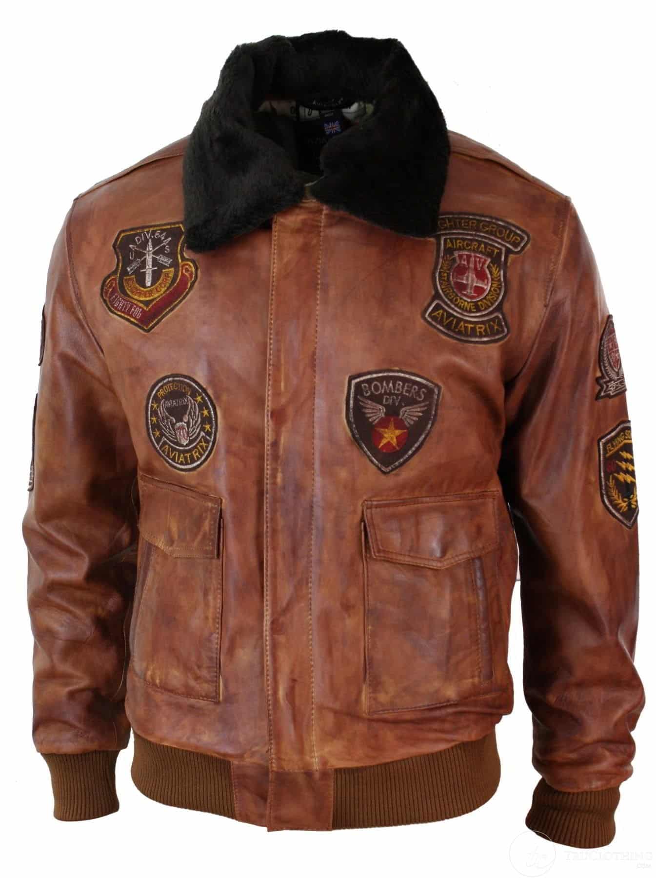 Herr Aviator Flygande Pilot Bomberjacka Vintage Brun Avtagbar Svart Pälskrage - Nevada Timber