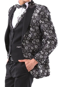 Herr Svart Silver Paisley Smokingkostym 3 Delad Bröllop Balfest Brudgum Skräddarsydd