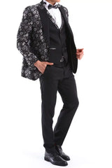 Herr Svart Silver Paisley Smokingkostym 3 Delad Bröllop Balfest Brudgum Skräddarsydd