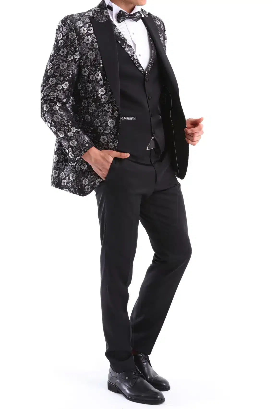 Herr Svart Silver Paisley Smokingkostym 3 Delad Bröllop Balfest Brudgum Skräddarsydd
