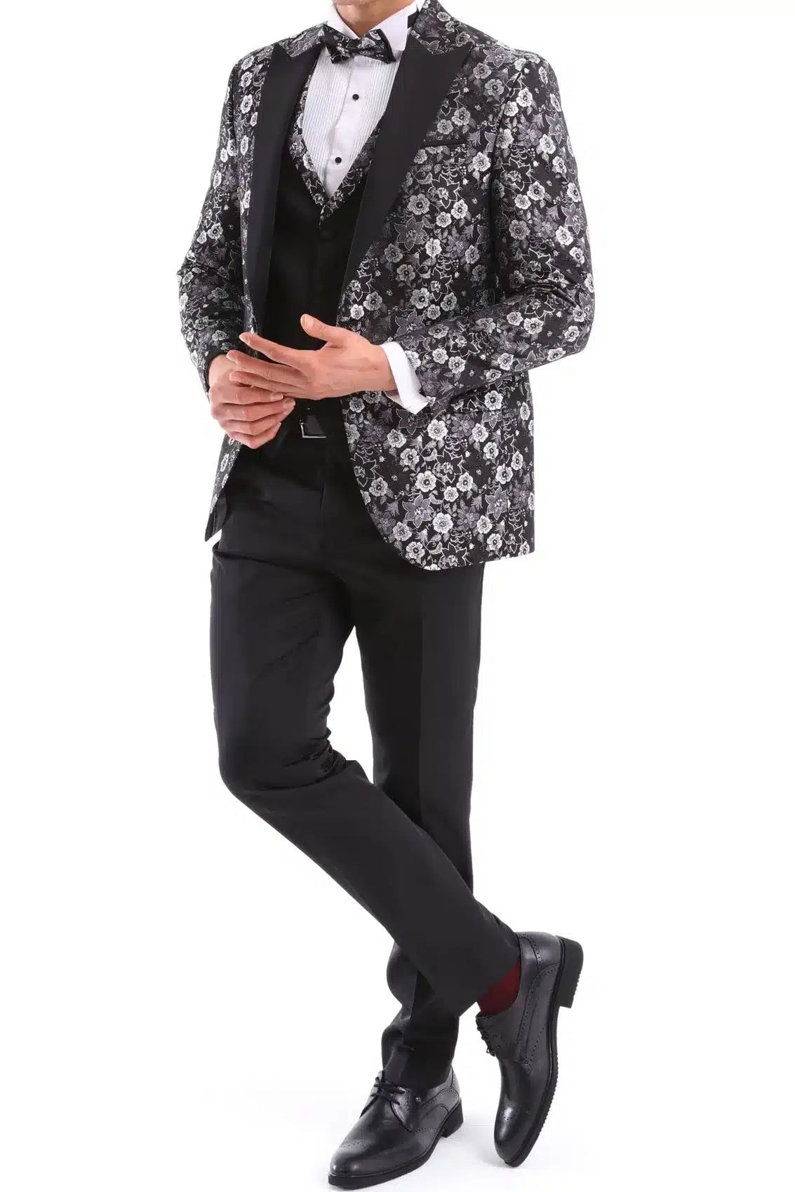 Herr Svart Silver Paisley Smokingkostym 3 Delad Bröllop Balfest Brudgum Skräddarsydd