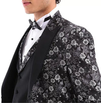 Herr Svart Silver Paisley Smokingkostym 3 Delad Bröllop Balfest Brudgum Skräddarsydd