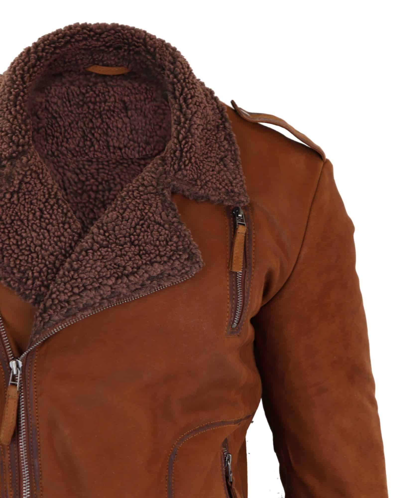Herrbikerjacka i äkta läder med dragkedja, fleecefodrad - Beige