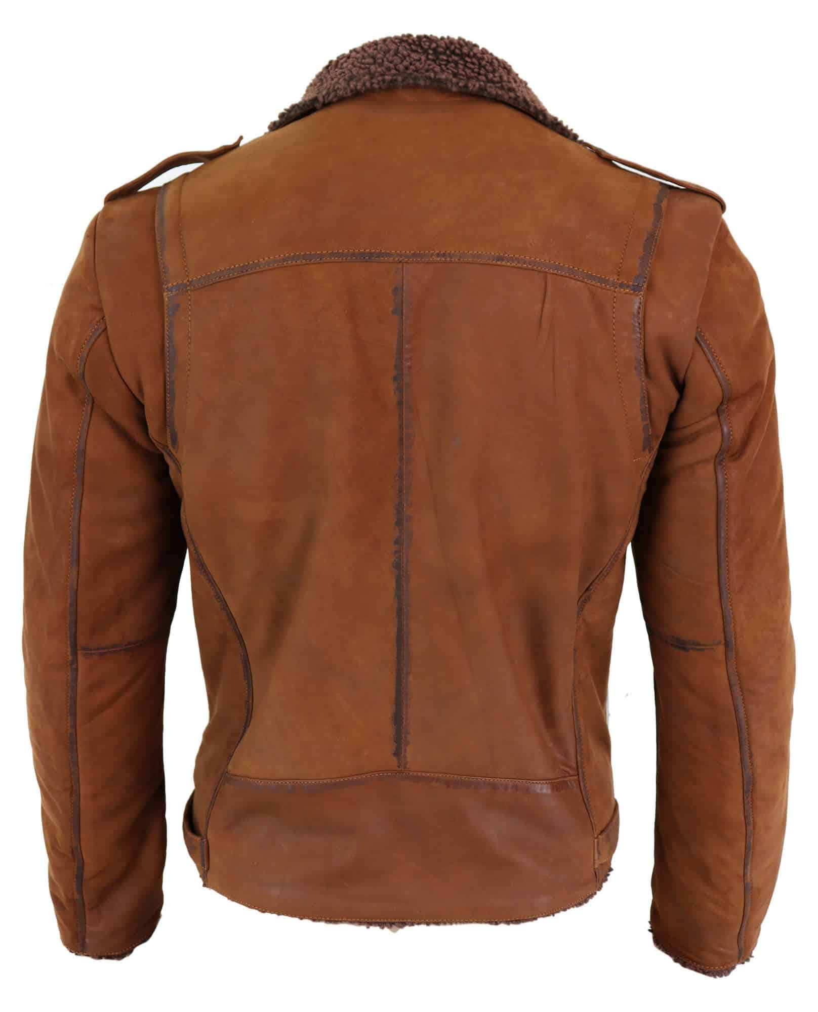 Herrbikerjacka i äkta läder med dragkedja, fleecefodrad - Beige