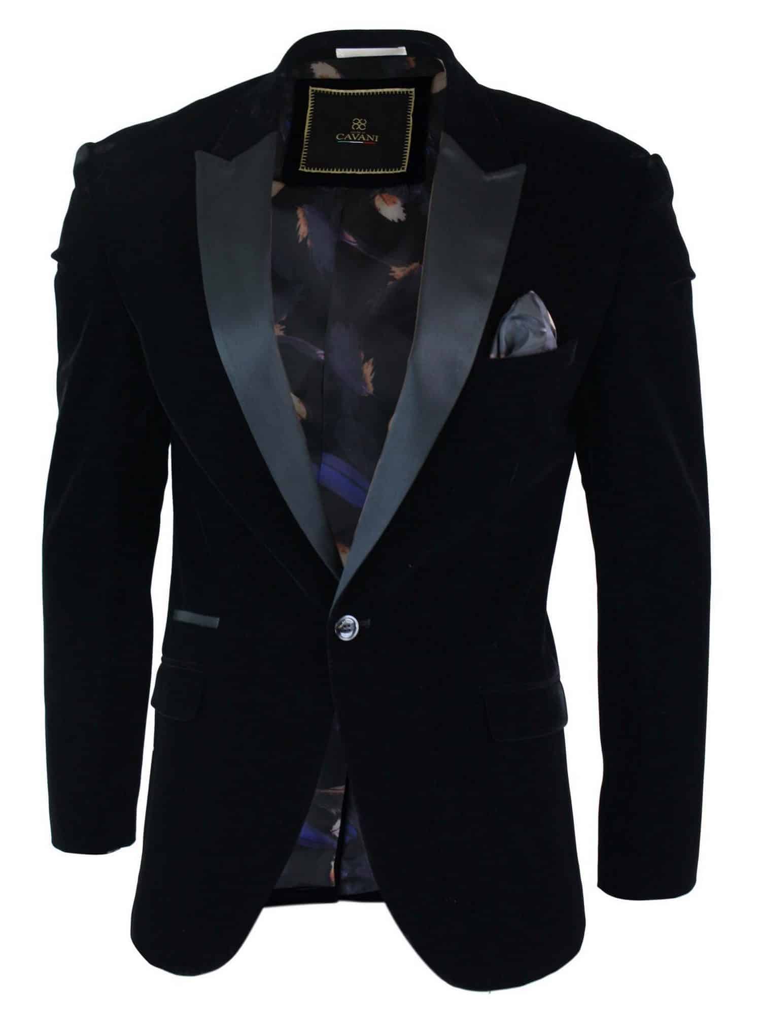 Cavani Rosa - Herr Mjuk Sammet Svart Marinblå Smokingkavaj med 1 Knapp Smart Casual Passform - Svart