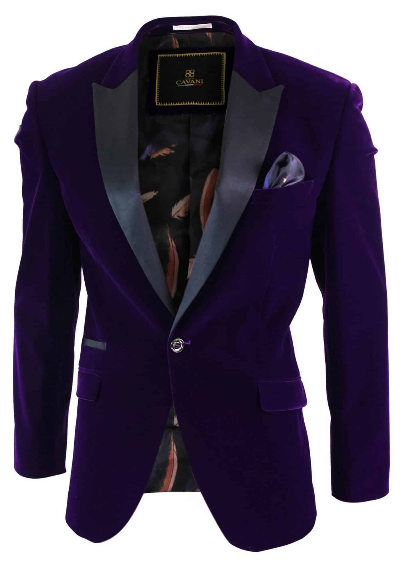 Cavani Rosa - Herr Mjuk Sammet Svart Marinblå Smokingkavaj med 1 Knapp Smart Casual Passform - Lila