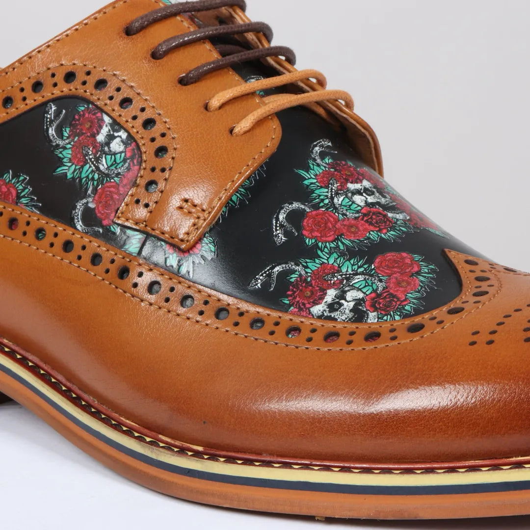 Ross - Herr Bruna Brogues Läderskor med Blommigt Dödskallemönster