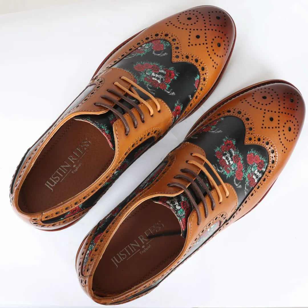 Ross - Herr Bruna Brogues Läderskor med Blommigt Dödskallemönster