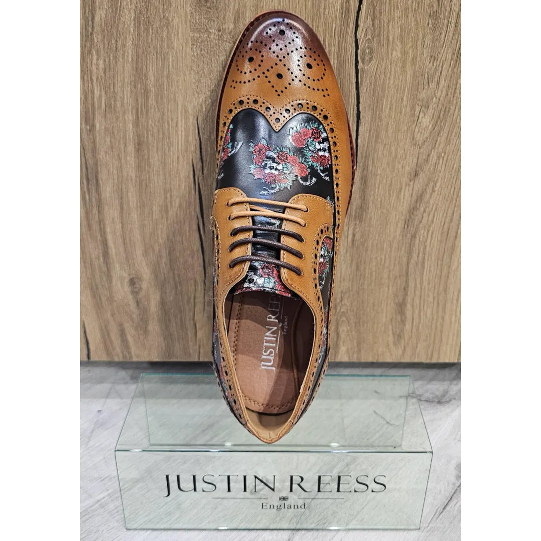 Ross - Herr Bruna Brogues Läderskor med Blommigt Dödskallemönster