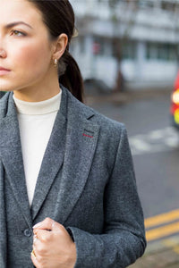 Damkavaj med ull, tweed, armbågslapp, 1920-tals vintage, klassisk grå