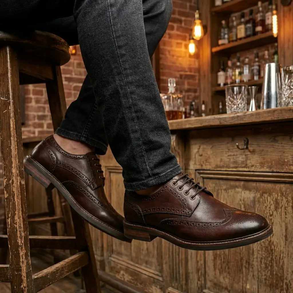 Stokes - Herr Bruna Läder Wingtip Brogue Snörskor