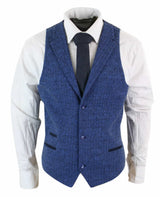 Herr Blå Väst i Tweed, Fiskbensmönstrad Ull, Peaky Blinders Vintage Retro