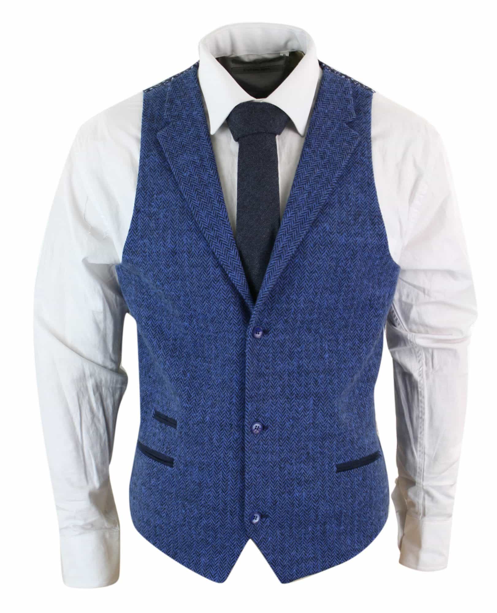 Herr Blå Väst i Tweed, Fiskbensmönstrad Ull, Peaky Blinders Vintage Retro