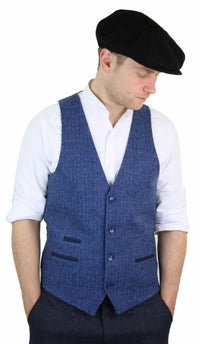 Herr Blå Väst i Tweed, Fiskbensmönstrad Ull, Peaky Blinders Vintage Retro